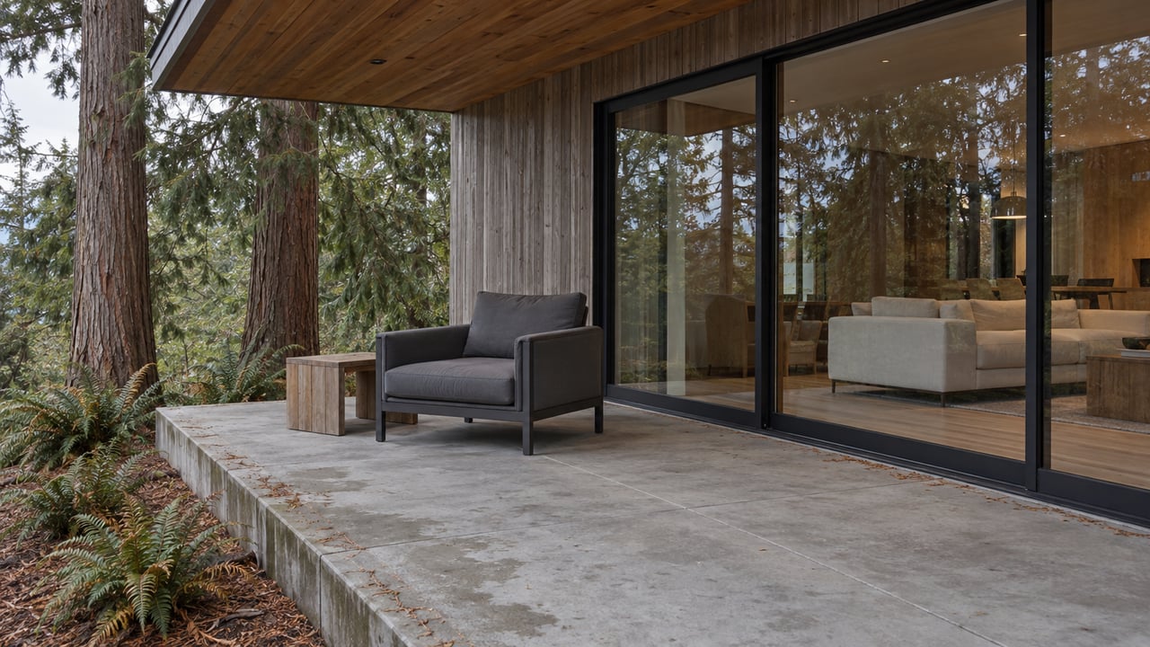 Covered cedar terrace with charcoal outdoor seating, closed dark-framed glass doors and western redcedars beyond a concrete planting curb.
