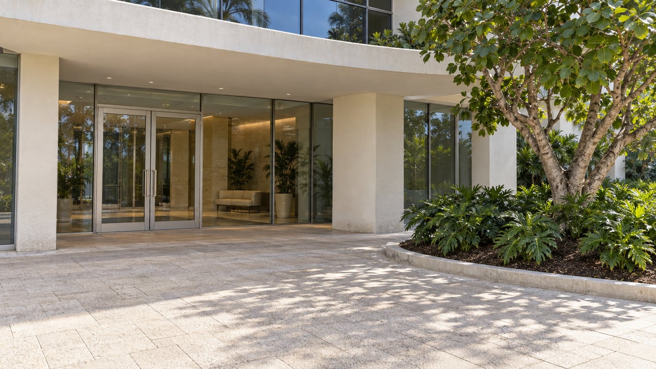 Cream condominium entrance with curved canopy, closed glass doors and a sea grape tree beside a broad pale paved approach.