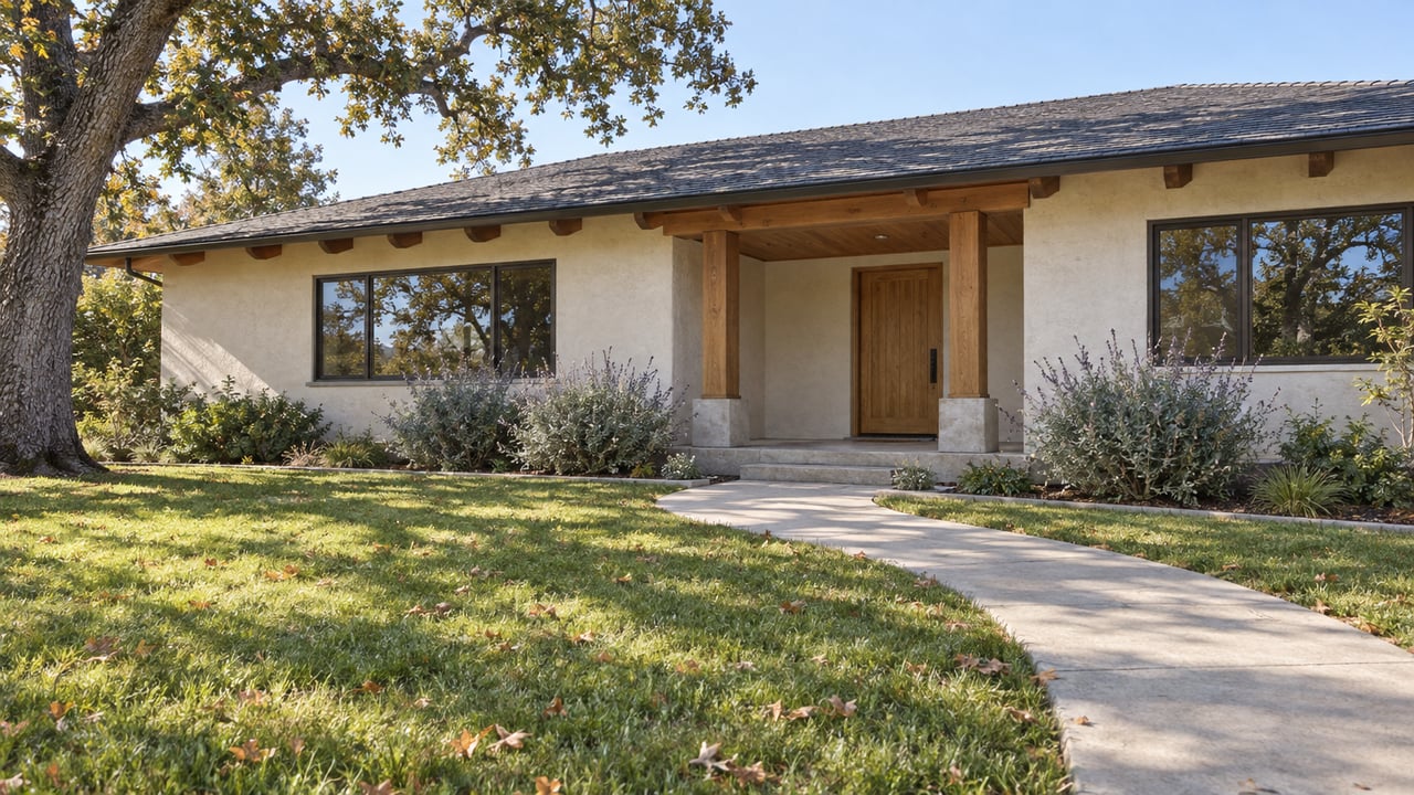 Low ivory-stucco ranch home with a timber porch, broad front lawn, mature oak, and curved concrete approach in clear autumn light.