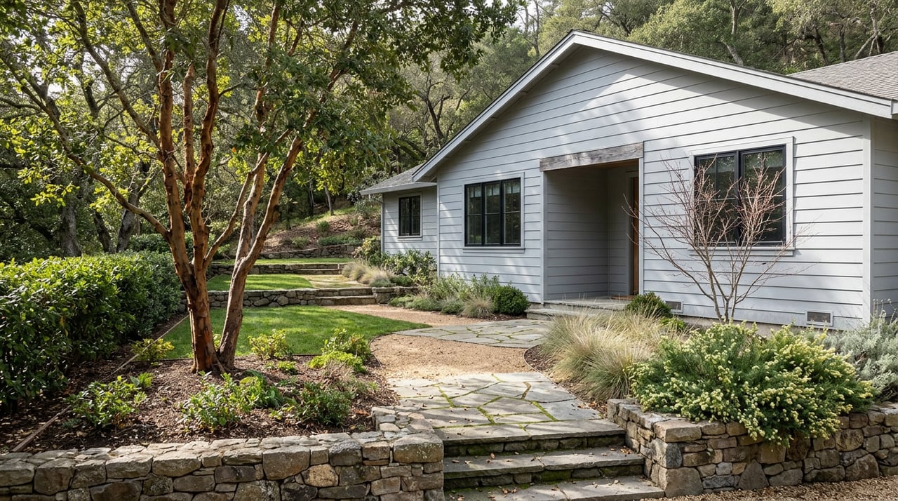 Tiered garden terraces and a winding flagstone path lead to a gray gabled home beneath oak trees.