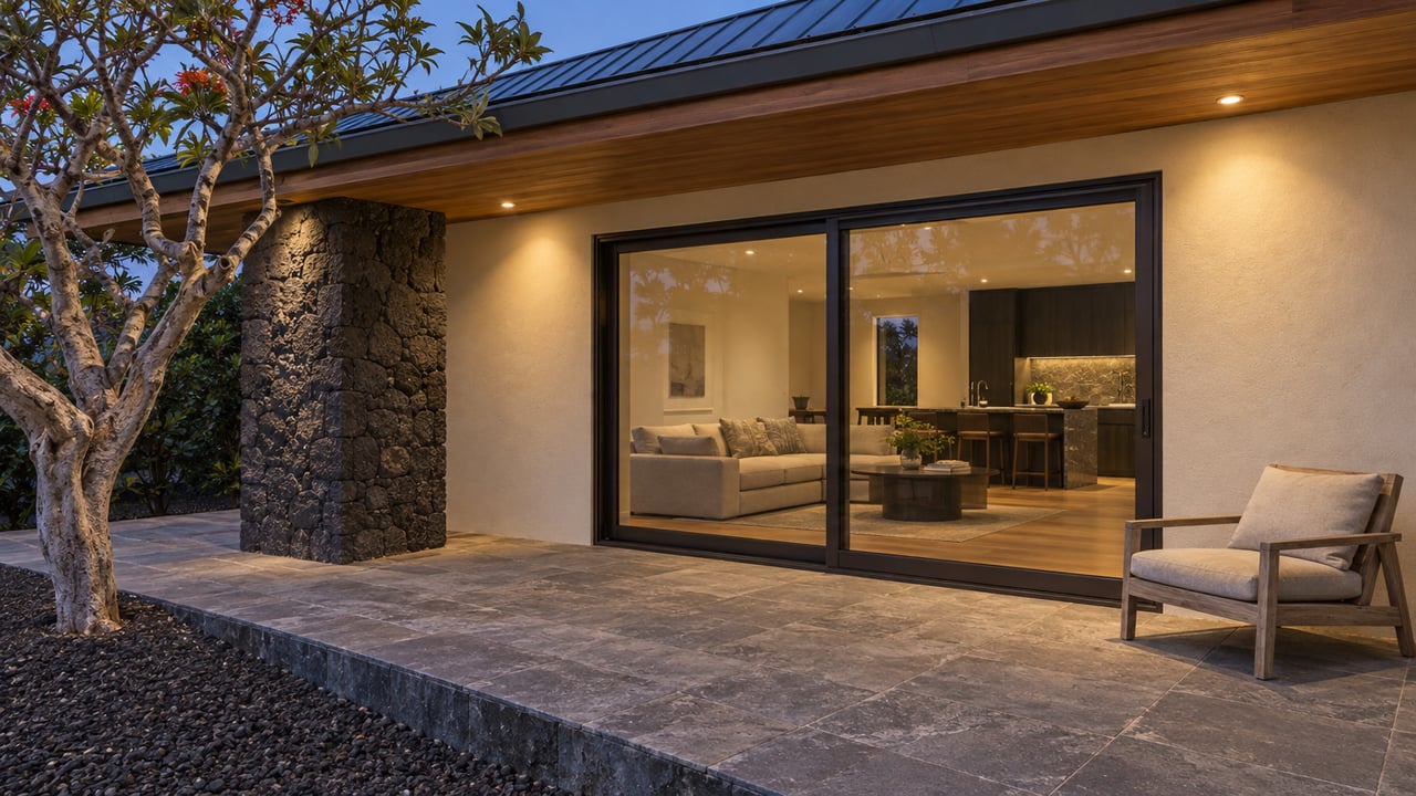Blue-hour view of a covered lanai with volcanic stone, sand-colored plaster, teak seating and warm light behind closed glass doors.