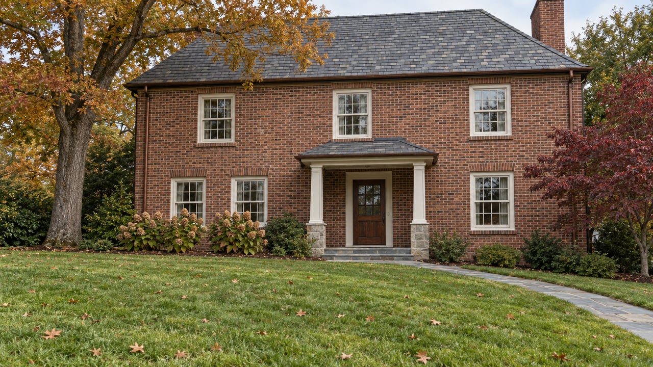 A traditional red-brick home behind a deep autumn lawn, with a slate roof, white sash windows, and mature oak and dogwood trees.