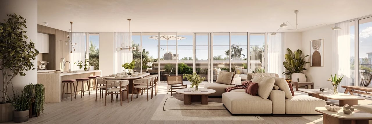 Living and Dining Rendering at Porto Bay, 1130 100th Street, Bay Harbor Islands.