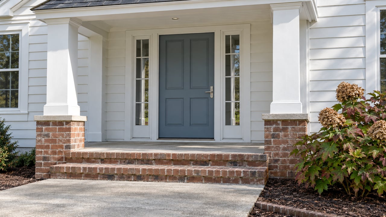 Close view of a blue-gray front door with matching sidelights, white porch columns, brick steps and an oakleaf hydrangea.