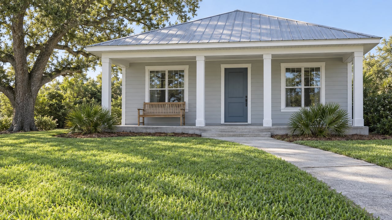 Light-sided cottage with a metal roof and broad porch, viewed across a deep green lawn beside a mature live oak.