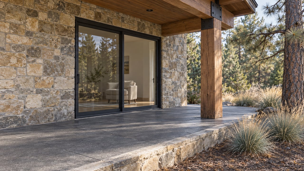Covered stone patio with heavy timber supports, dark-framed glass doors, and a pine beside straw-colored grass clumps.