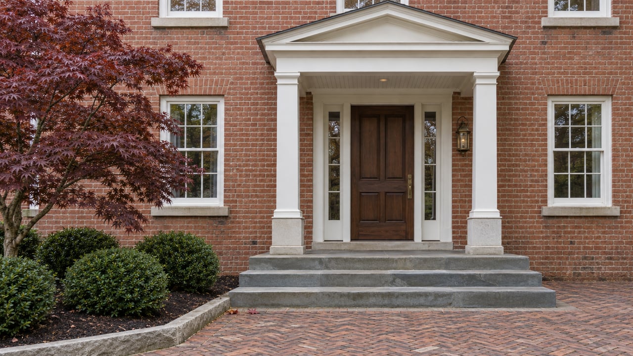 Traditional brick estate entry with white timber portico, walnut door, broad bluestone steps and a burgundy Japanese maple.