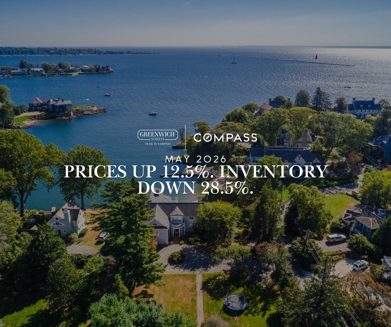 Aerial view of Greenwich CT neighborhoods with greenery, water, and homes - Greenwich Streets May 2026 real estate market statistics report.
