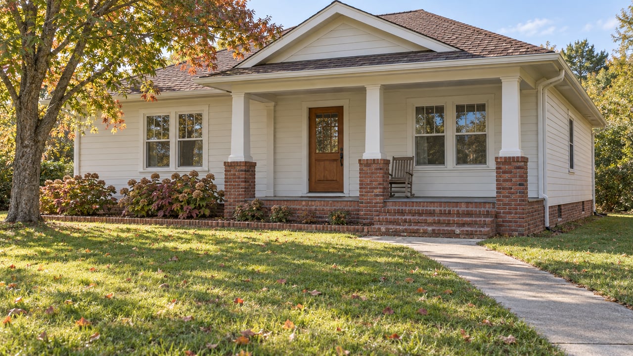 An off-white single-story home with a brick-based covered porch, deep front lawn, and a maple beginning to turn red.