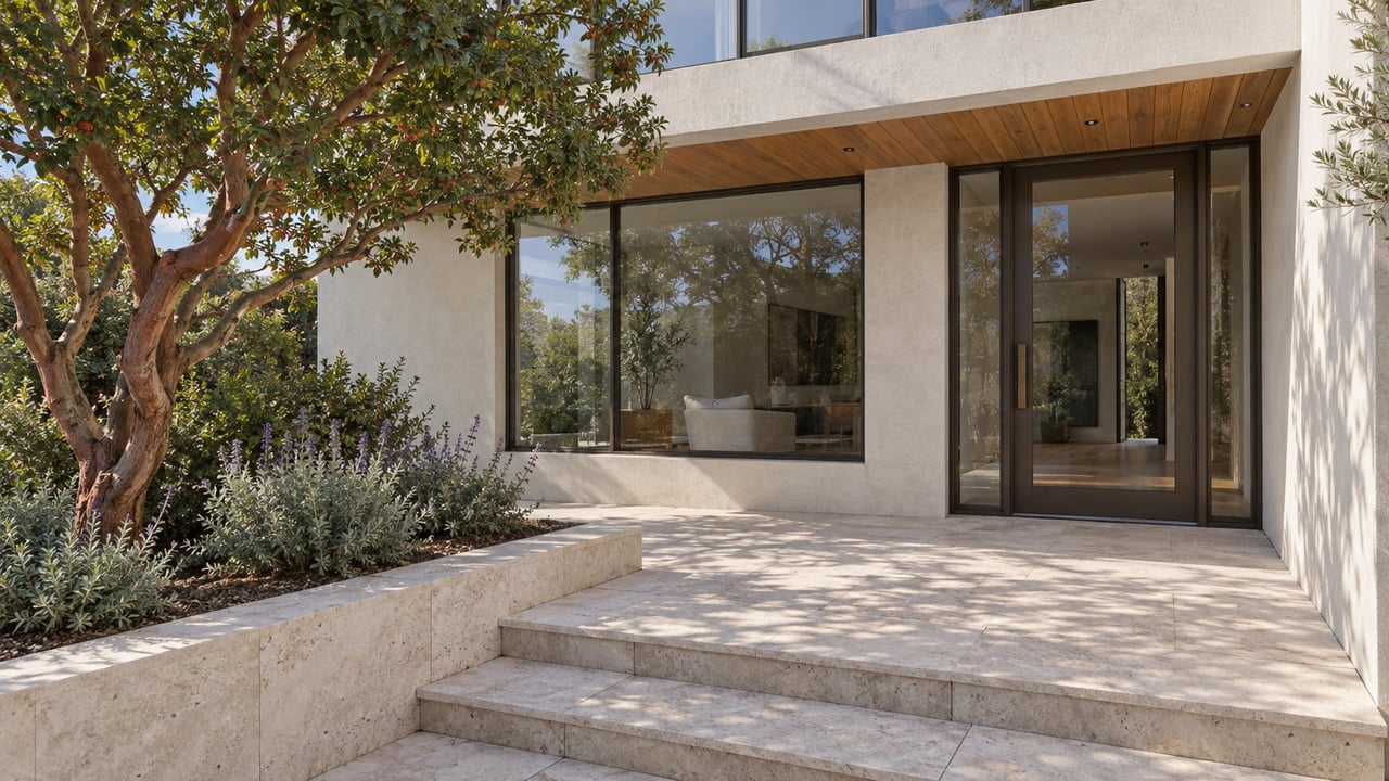 Sunlit stone entry terrace beside a pale modern home, with bronze-framed glass, a cedar soffit and a sculptural strawberry tree.