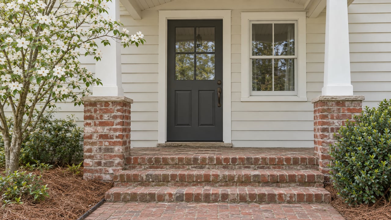 Charcoal entry door with a glazed upper panel, brick steps, and a branching dogwood beside off-white siding.