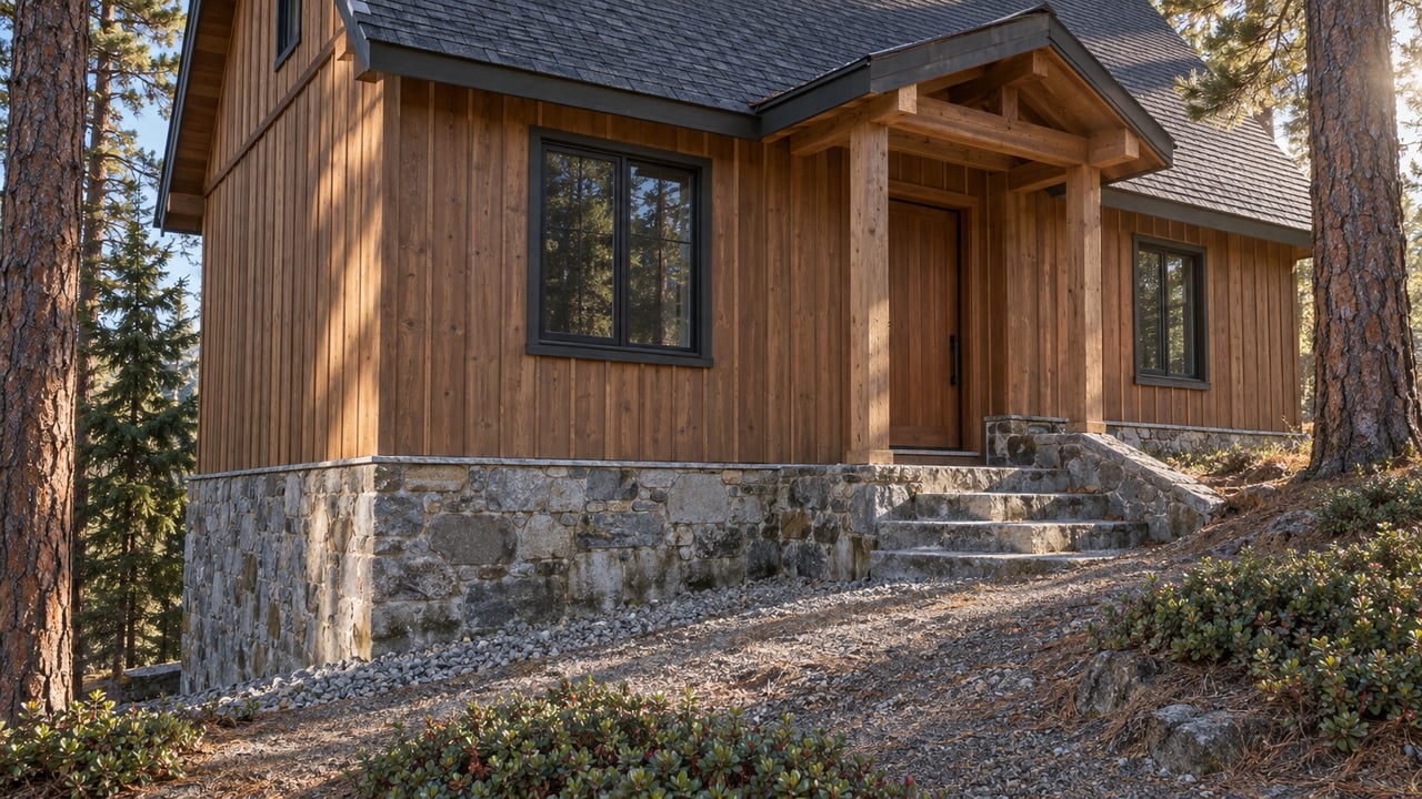 Cedar-sided house with a raised timber entry, stone steps, and exposed stone foundation beneath ponderosa pines.