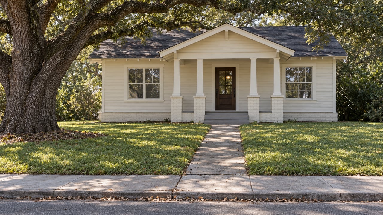 Cream-sided cottage with a dark gabled roof, shaded by a sprawling oak beside its front lawn and concrete path.