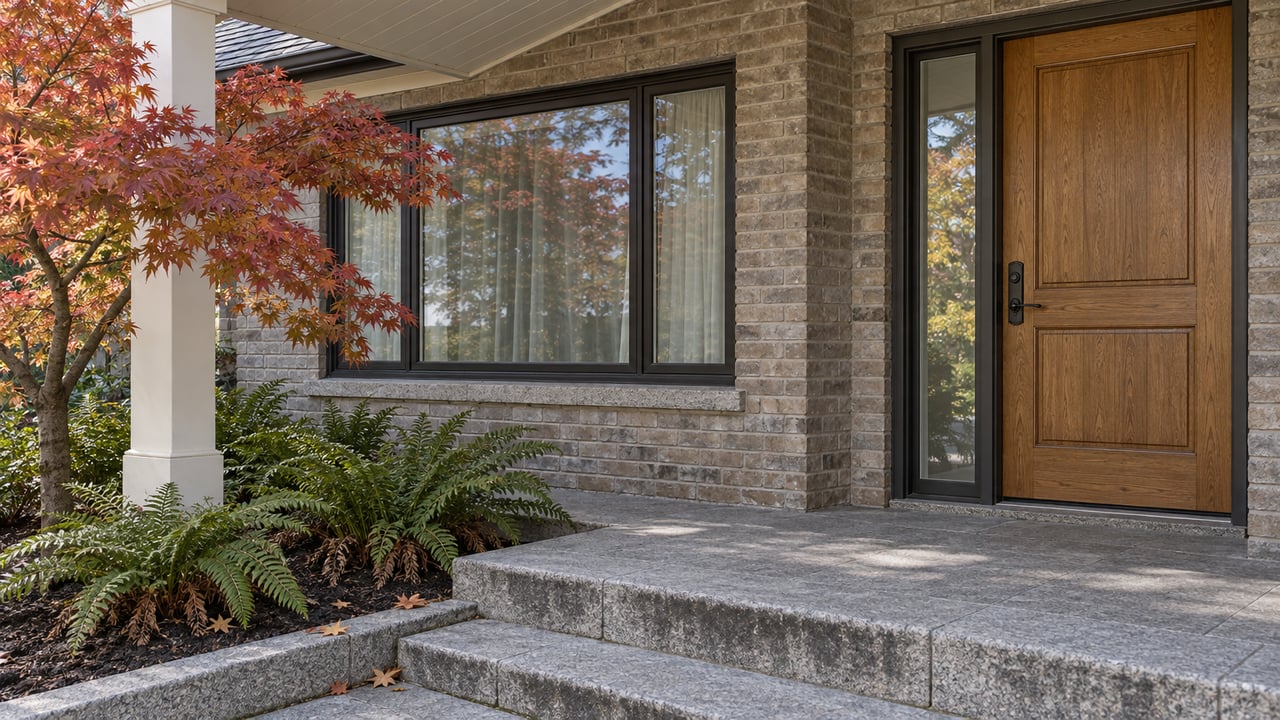 An oak entrance door and dark-framed window beside a granite porch, with copper-red maple leaves and sword ferns.