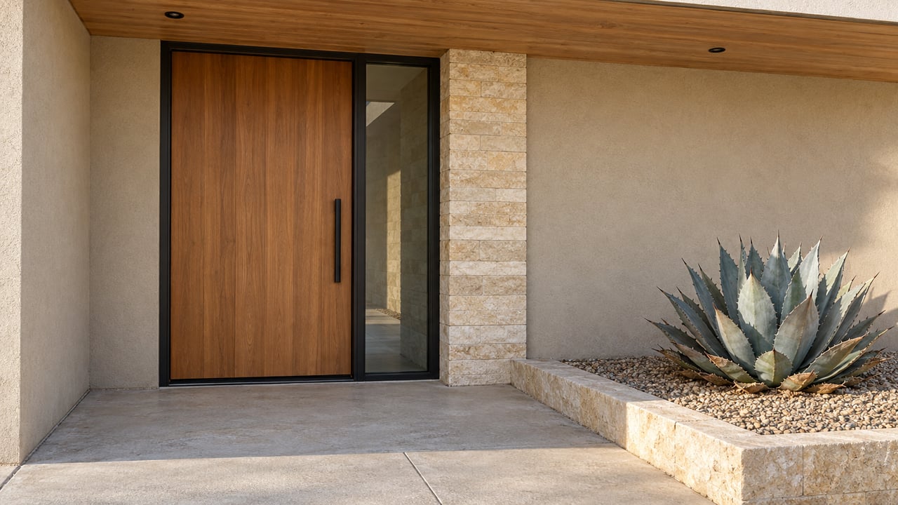 Sheltered home entrance with a wood door, black-framed sidelight, warm limestone and stucco, and a blue-gray agave beside a concrete landing.