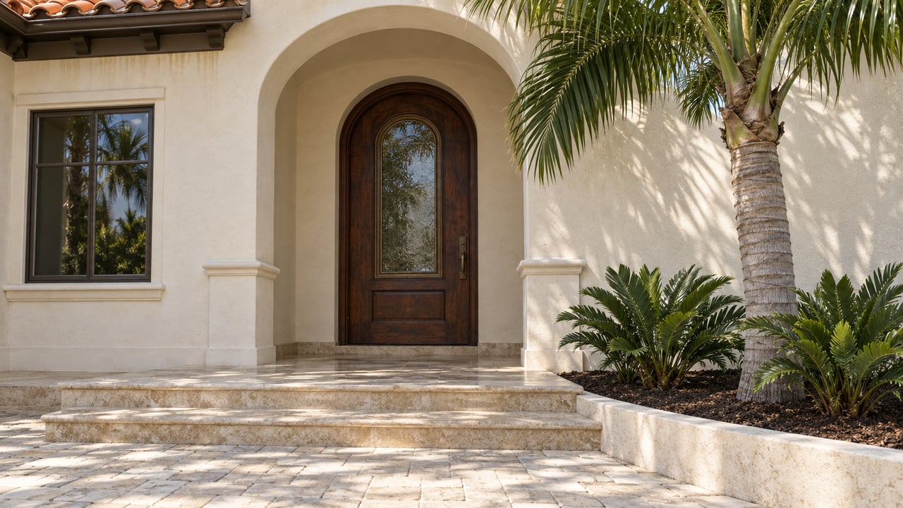 Ivory stucco estate entry with a mahogany door, terracotta roof tiles, travertine steps and a specimen palm in late-morning sunlight.
