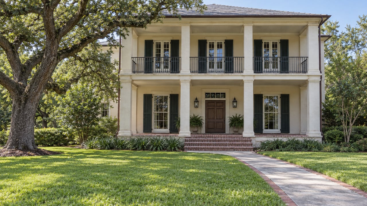 Ivory stucco home with stacked galleries and green shutters, viewed across a deep lawn beside a mature live oak.