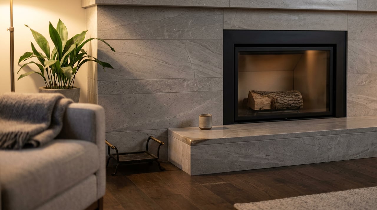 Stone fireplace hearth frames a black unlit firebox, iron tool stand, and leafy plant.