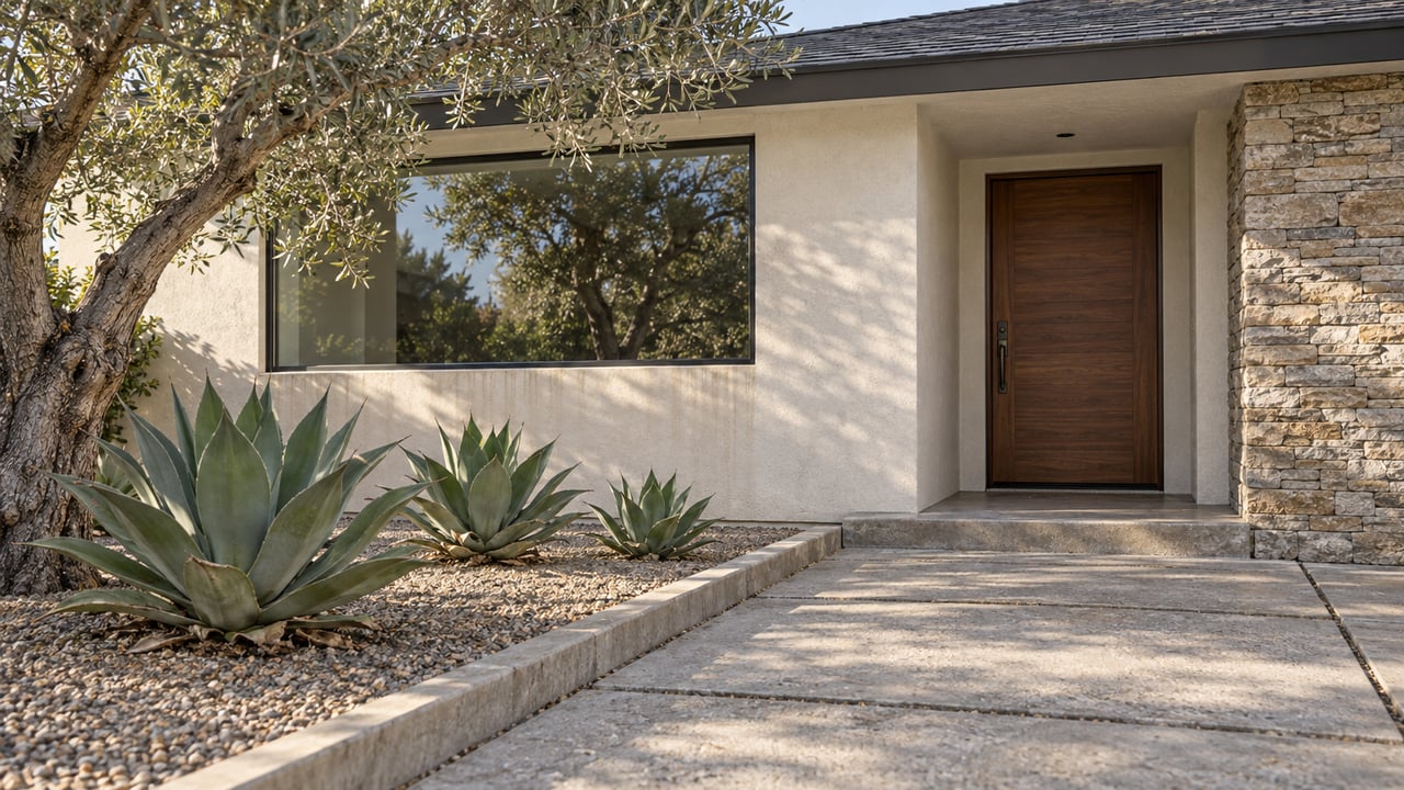 Morning light crosses a concrete approach toward a walnut front door, warm-white stucco, and a stone entry wall beside a mature olive tree and three agaves.
