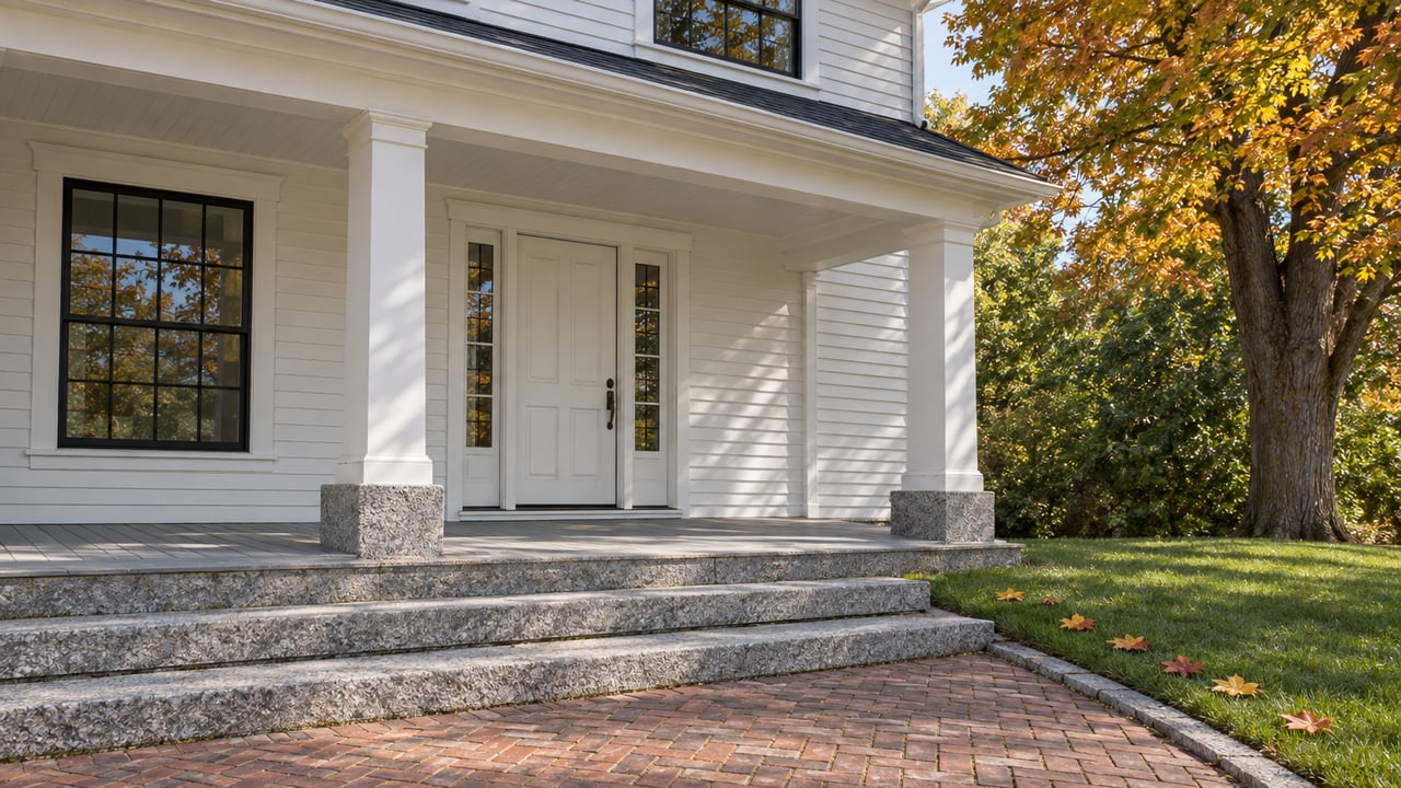 White clapboard home with a sheltered porch, granite entry steps, a brick walk, and amber maple foliage.