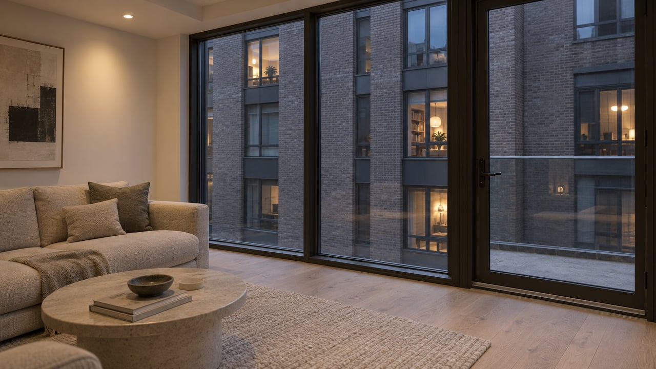 Apartment living room with tall glass panes overlooking a close brick facade at dusk.