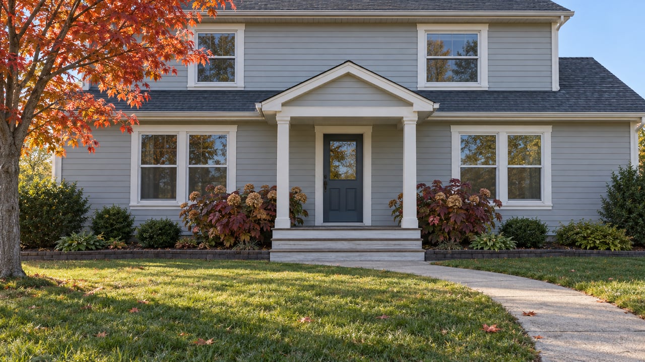 Gray clapboard home with a covered porch, deep front lawn, curved concrete walk and autumn foliage.