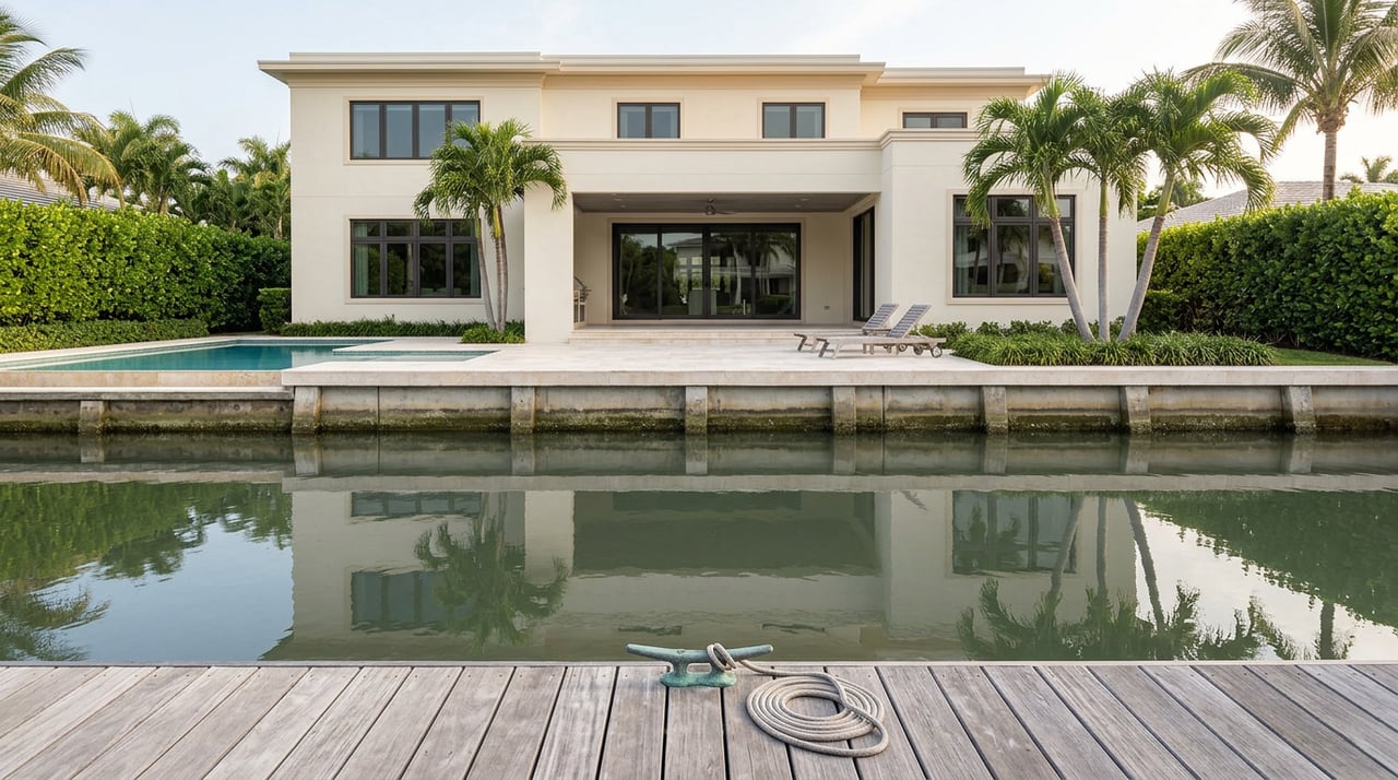 Waterfront home with ivory stucco facade and palm-lined patio reflected in a calm canal beyond a weathered dock.