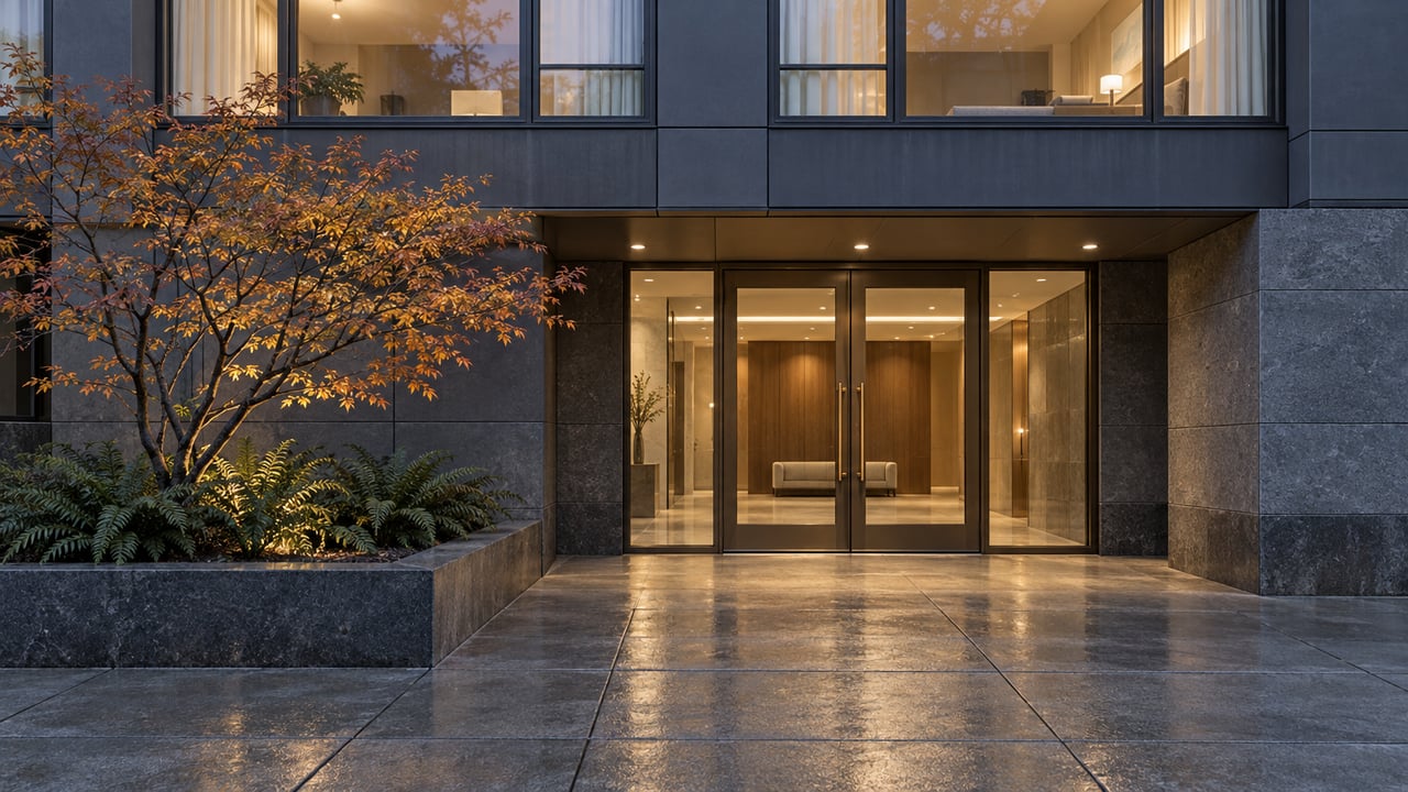 Contemporary condominium entrance at blue hour, with bronze-framed glass doors, basalt piers and a vine maple in a raised stone planter.