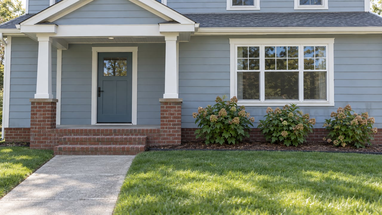 Pale blue-gray gabled home with a brick-based covered entry, divided-light window, concrete front walk and oakleaf hydrangeas.