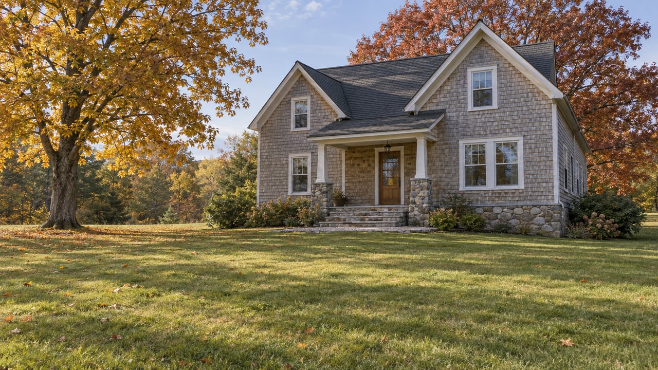 Cedar-sided gabled home with a stone foundation across a broad autumn lawn, framed by mature maple and oak trees.