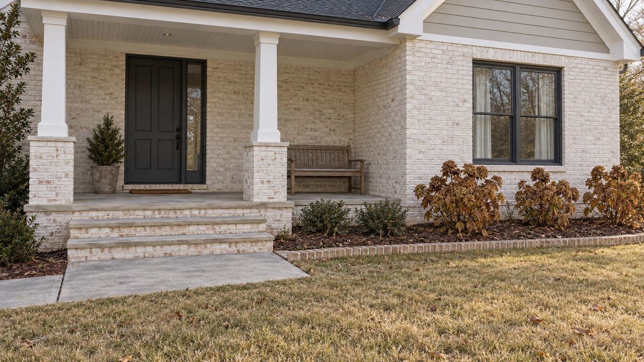 An off-white brick home with a sheltered front porch, limestone-topped entry steps and russet oakleaf hydrangeas beside a dormant lawn.