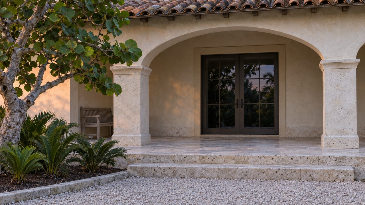 An unlit arched loggia with ivory stucco, terracotta roof tiles, limestone steps and a sculptural sea grape tree at twilight.