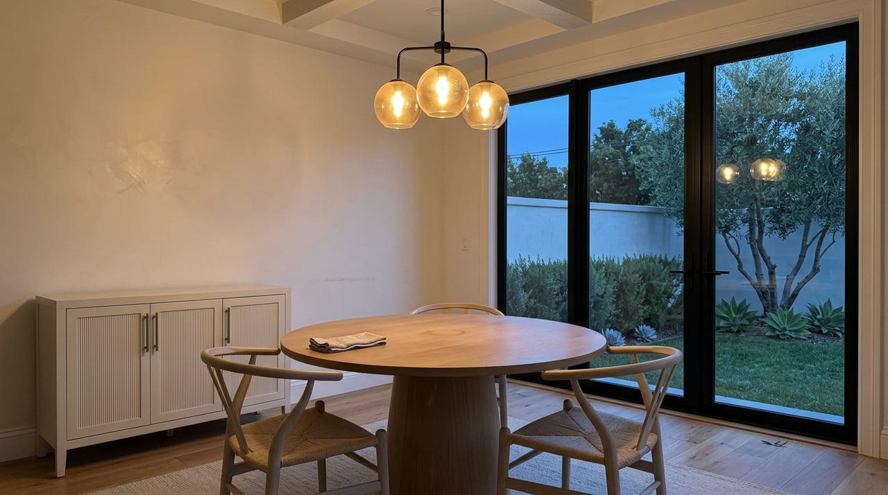 Oak table beneath amber pendant, with French doors opening onto a planted garden at dusk.