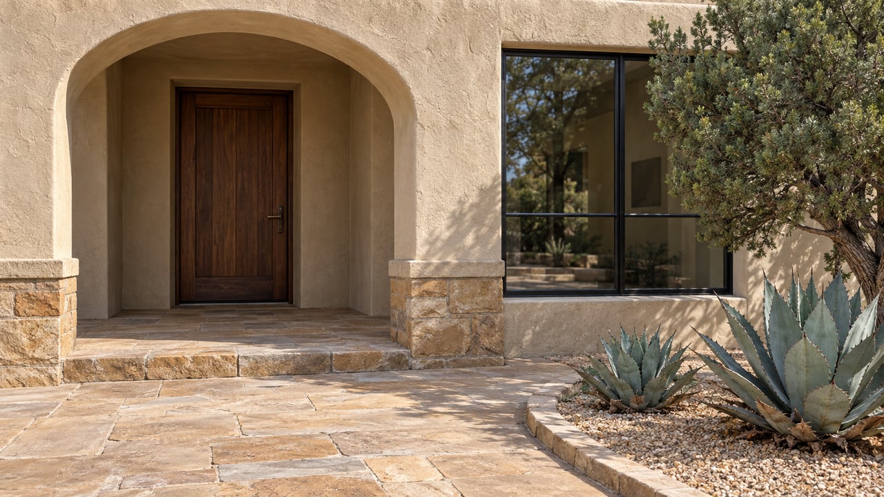 Sand-colored stucco home with a recessed arched entry, walnut door, sandstone terrace, and sculptural juniper beside two agaves.