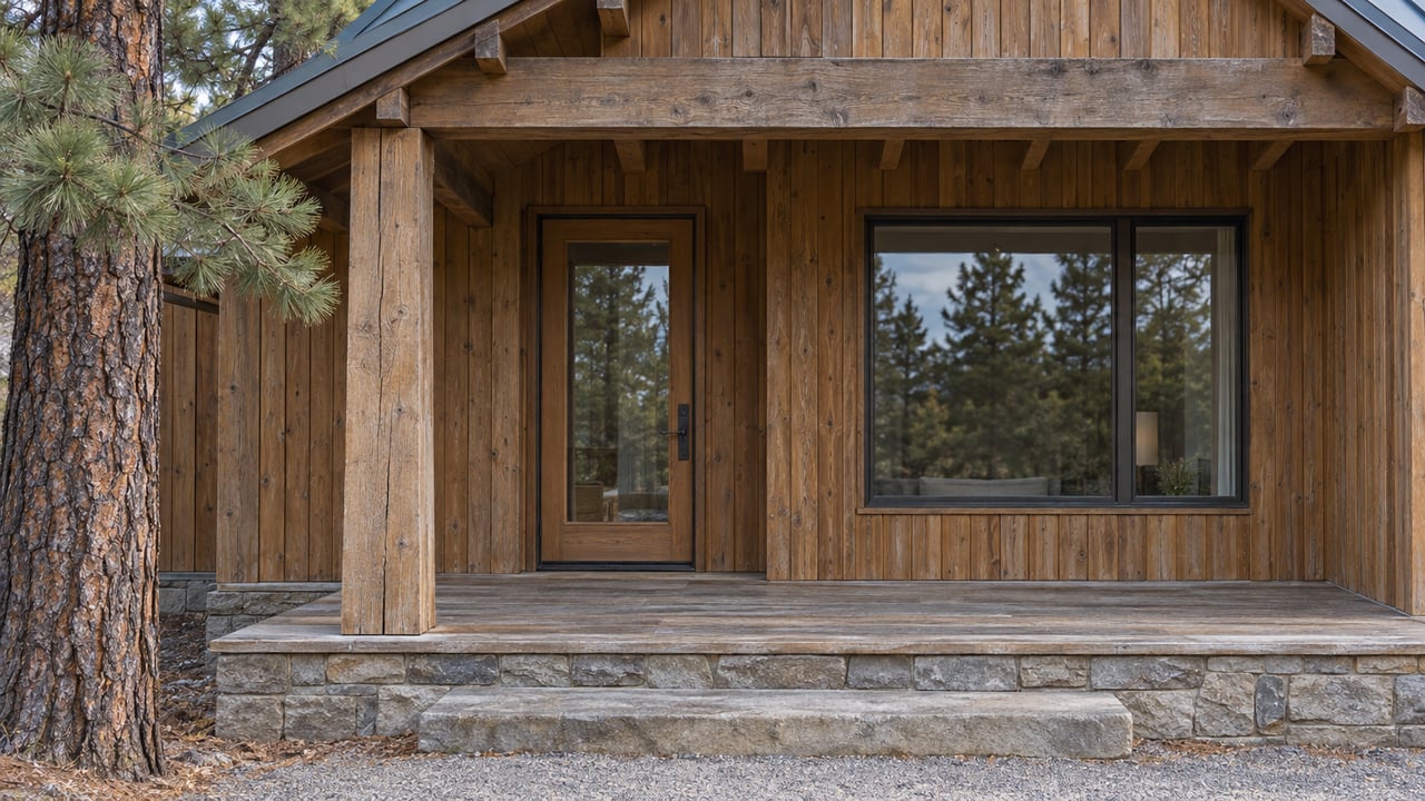 Weathered timber porch with a glazed entry door, sandstone base, and a ponderosa pine beside the approach.