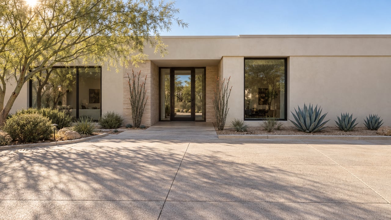 Single-story ivory-stucco desert home with a broad concrete forecourt, bronze-framed windows, and sculptural desert plants.