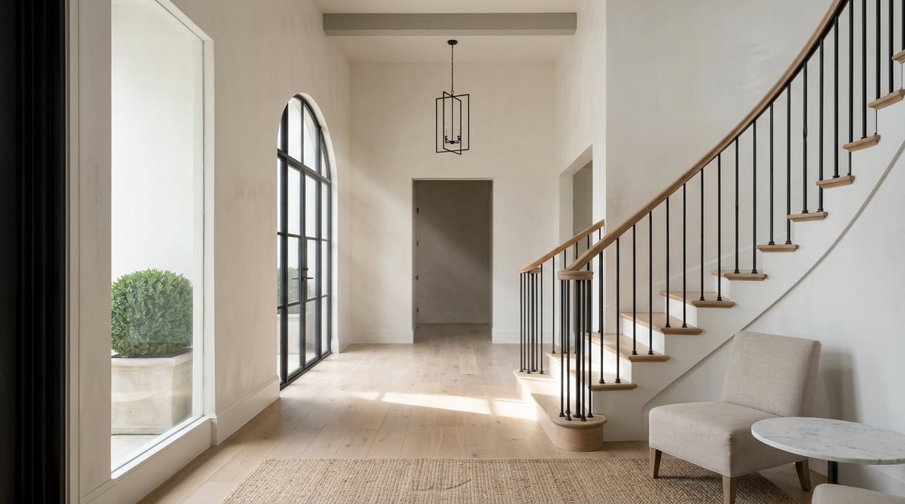 Double-height foyer with a curving oak staircase, arched black-mullioned window, and jute rug on oak flooring.