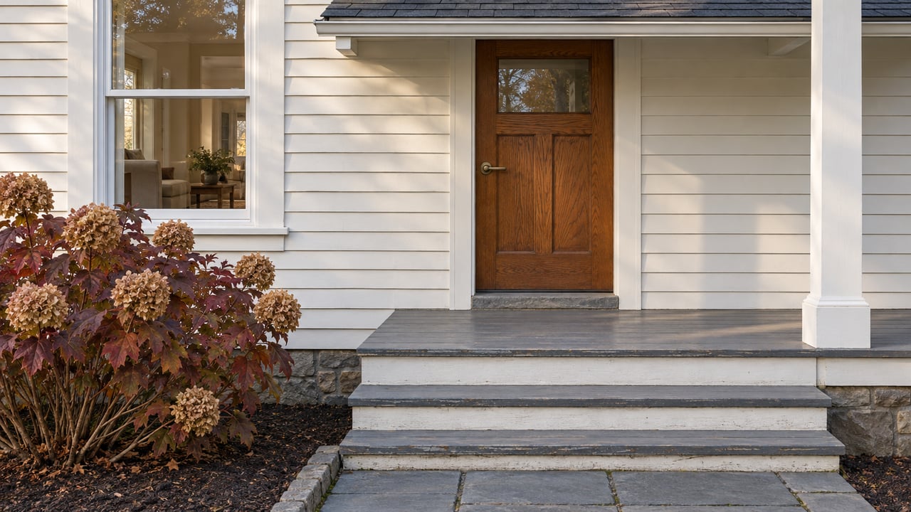 Oak front door and white clapboard porch with weathered gray steps, a bluestone approach and burgundy oakleaf hydrangea.