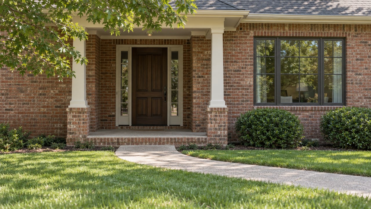 Brick suburban house with recessed wooden entry, divided-light window, curved concrete walk, and broad lawn.