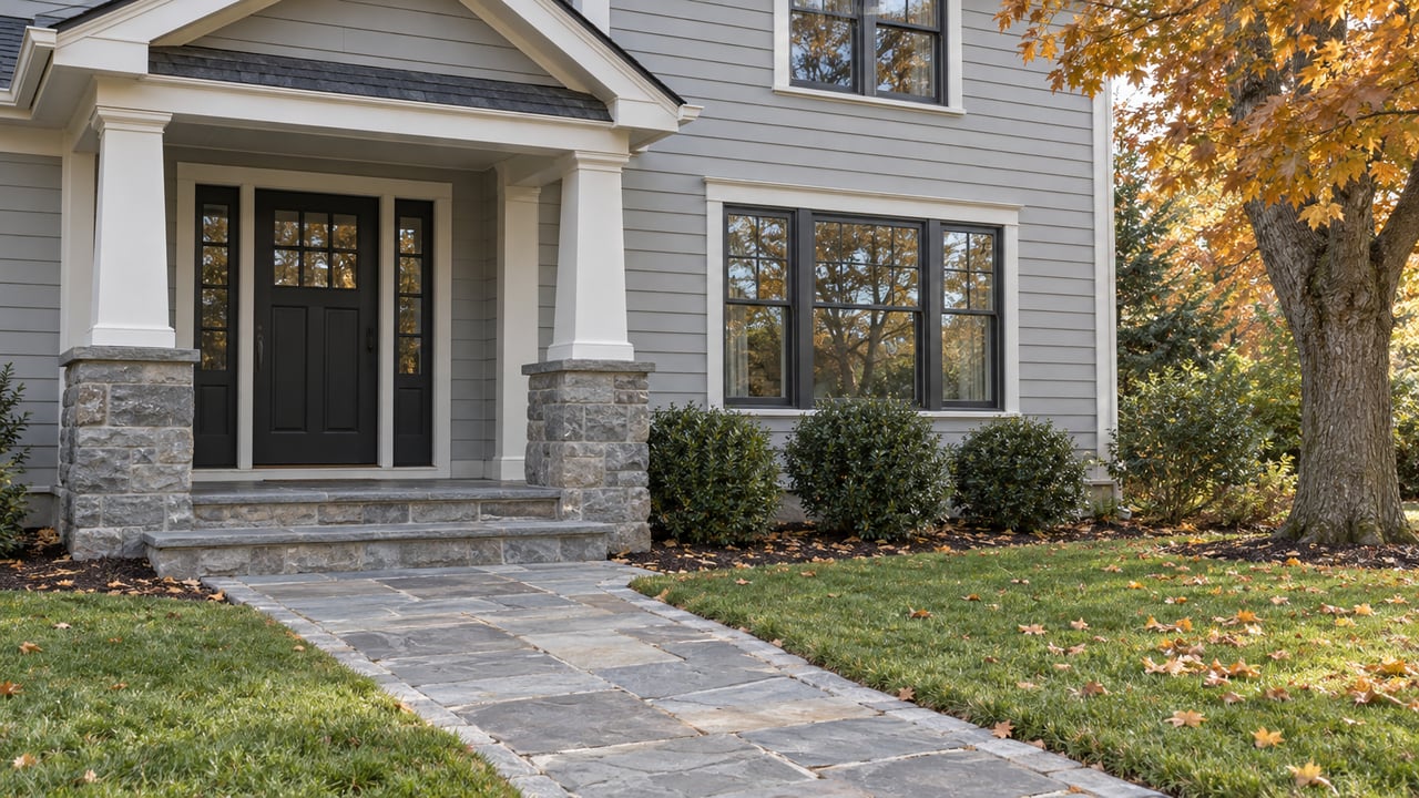 Gray clapboard home with a gabled covered entrance, bluestone approach and an amber-leaved maple beside the front lawn.