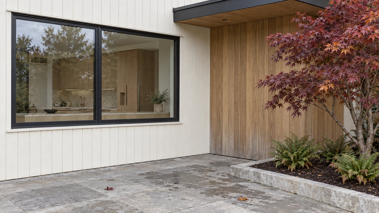 Black-framed kitchen window beside weathered oak cladding, with limestone terrace paving and a copper-leaved Japanese maple.