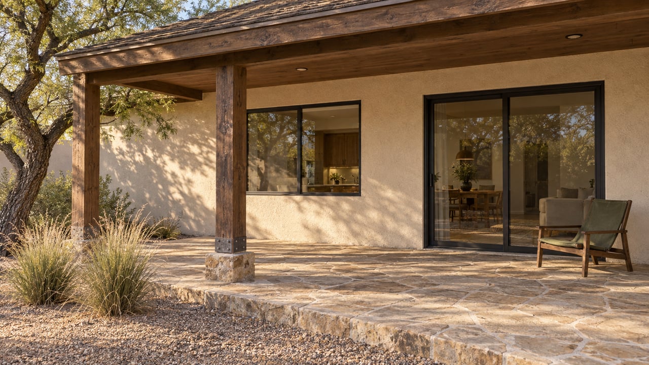 Covered sandstone patio beside a cream stucco ranch home, with timber posts, black-framed glass doors, a mesquite tree and deergrass.