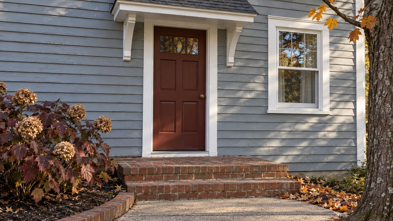 Autumn light crosses a gray-blue clapboard home's russet front door, white trim and worn brick steps beside a burgundy oakleaf hydrangea.