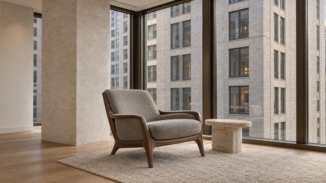 A sculptural wool lounge chair and travertine table beside tall bronze-framed windows in a limestone-and-oak apartment.