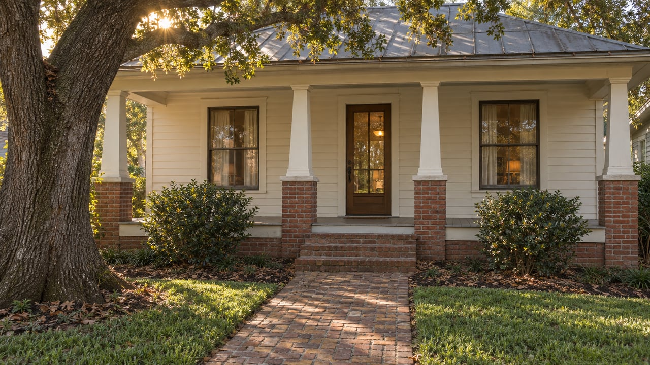 Ivory-sided house with a deep porch, closed glazed door, brick walk, and broad oak canopy.