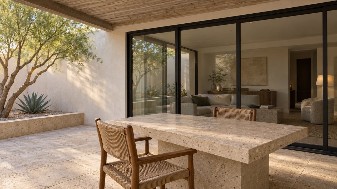 Limestone dining table and woven-cord chairs beside closed glass doors, with a courtyard tree at left.