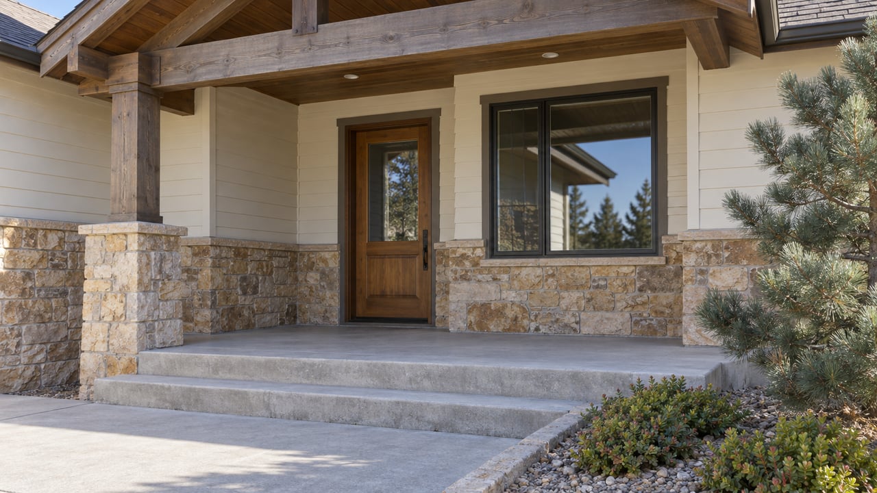 Covered home entrance with sandstone walls, a timber porch post, cream siding and broad concrete steps beside a small pine.