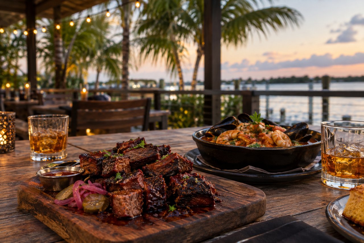 Smoked brisket burnt ends and a seafood stew with bourbon on a waterfront restaurant patio at sunset near Jupiter, Florida