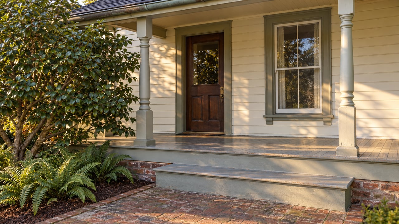 Cream wood-sided home with turned porch posts, a dark wood entry door, weathered brick approach, and a mature camellia beside the steps.