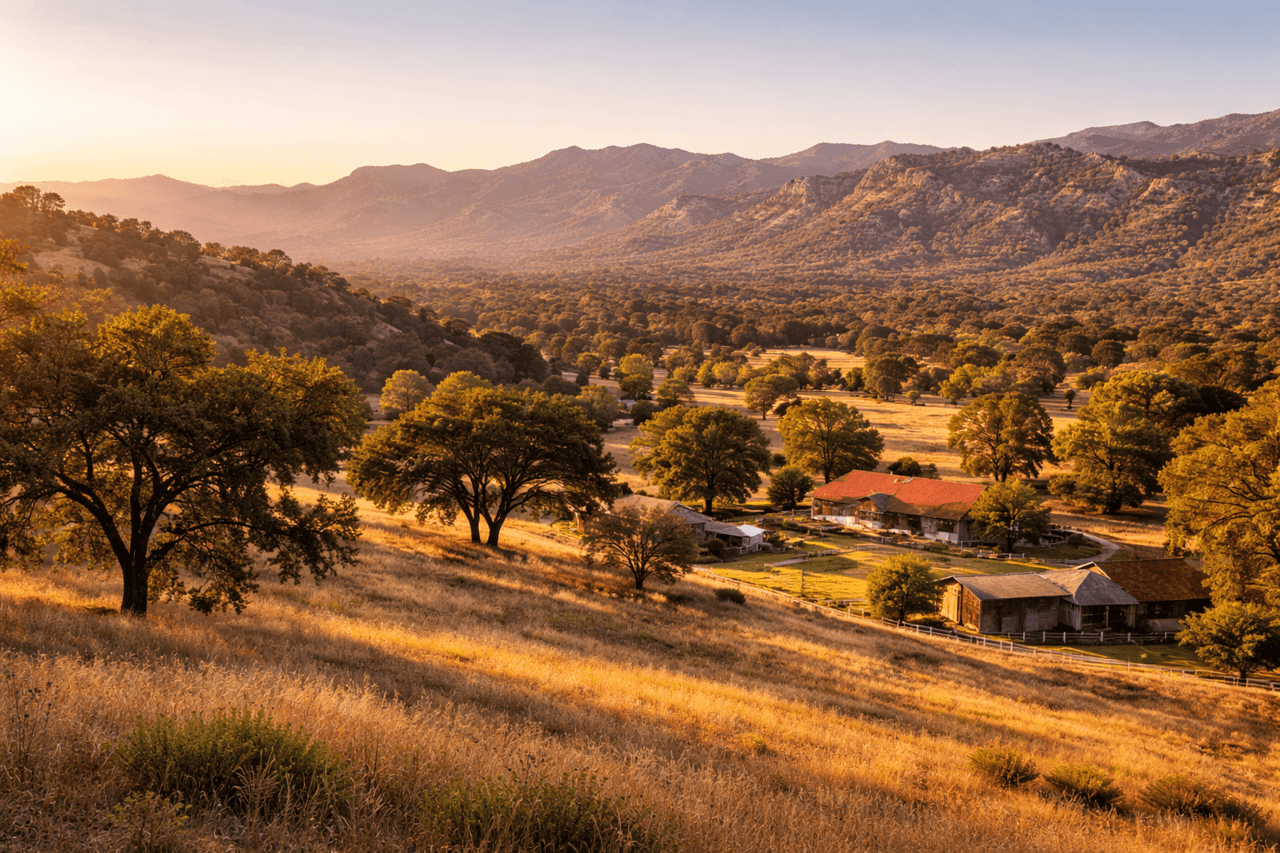 golden-hour-landscape-view-of-chatsworth-neighborhood-showing-rolling-hills-oak-trees-and-ranch-properties-with-mountains-in-background